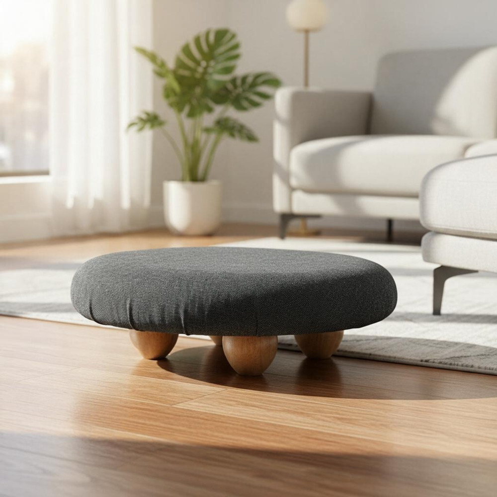 Round Wooden Leg Ottoman Footstool with Gray Fabric Cover and 4 Legs